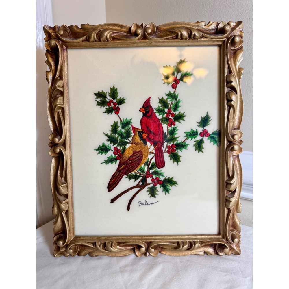 Vintage Silk Embroidery Cardinal Bird Holly Textile Art Ornate Gold Frame 9x11